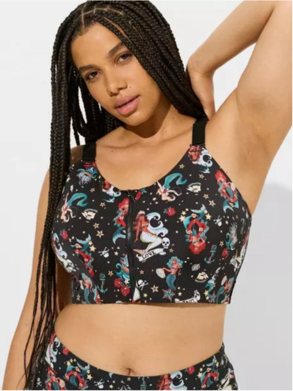 TORRID Wire-Free High Impact Zip-Front Sports Bra Sink Or Swim Tattoo 48DDD 48F